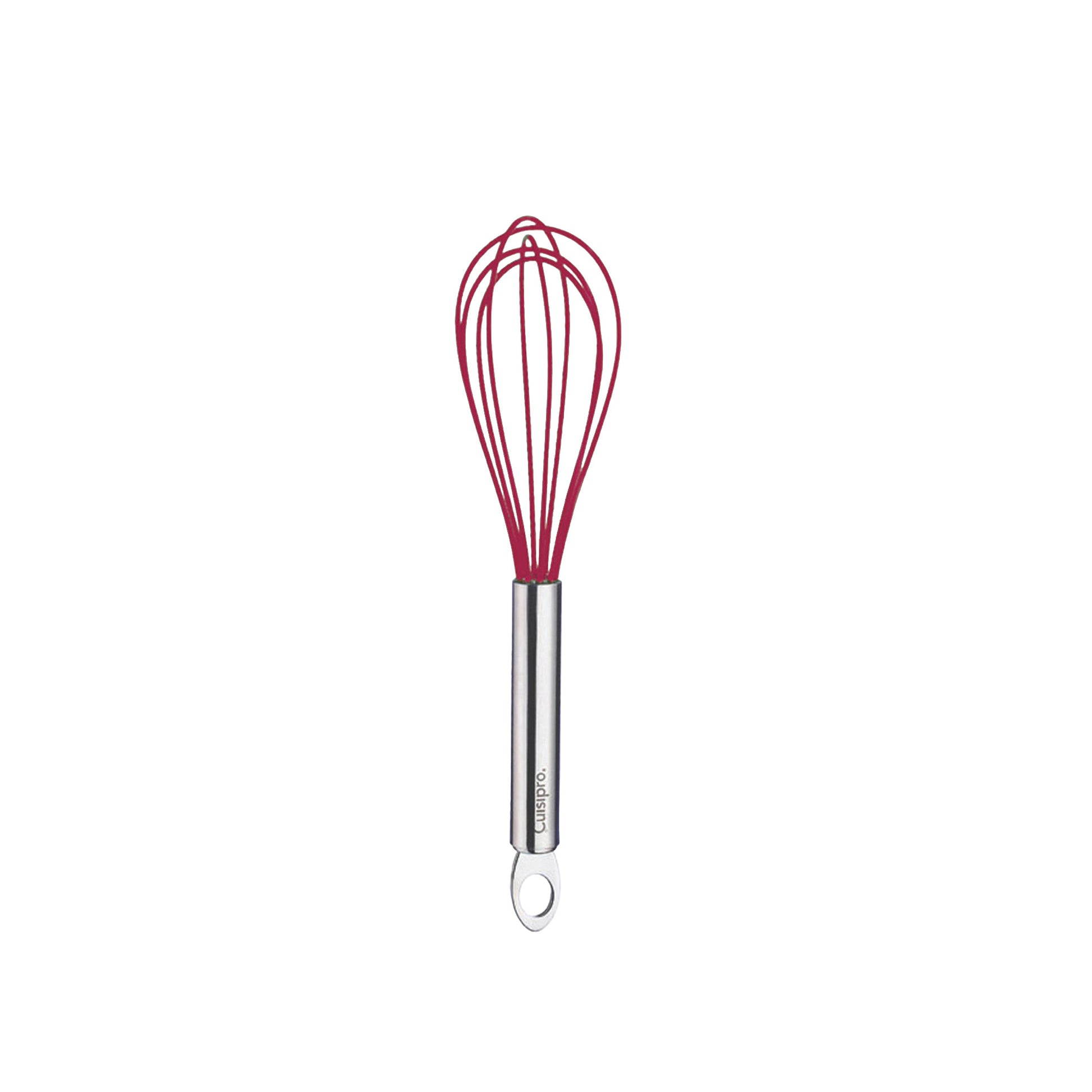Red silicone egg whisk with stainless handle and loop, compact view of whisk head