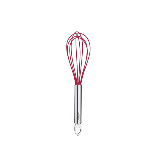 Red silicone egg whisk with stainless handle and loop, compact view of whisk head