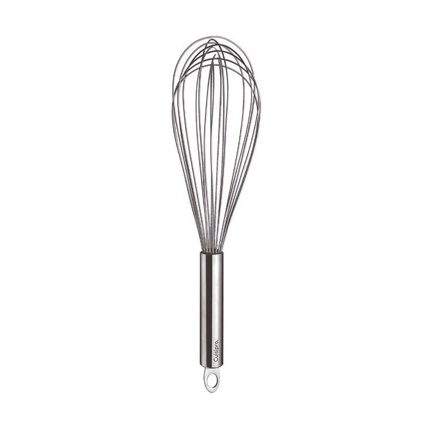 Stainless steel balloon whisk with wire balloon head and hanging loop on handle