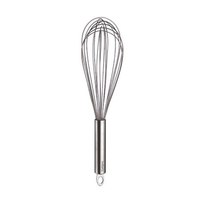 Stainless steel balloon whisk with wire balloon head and hanging loop on handle