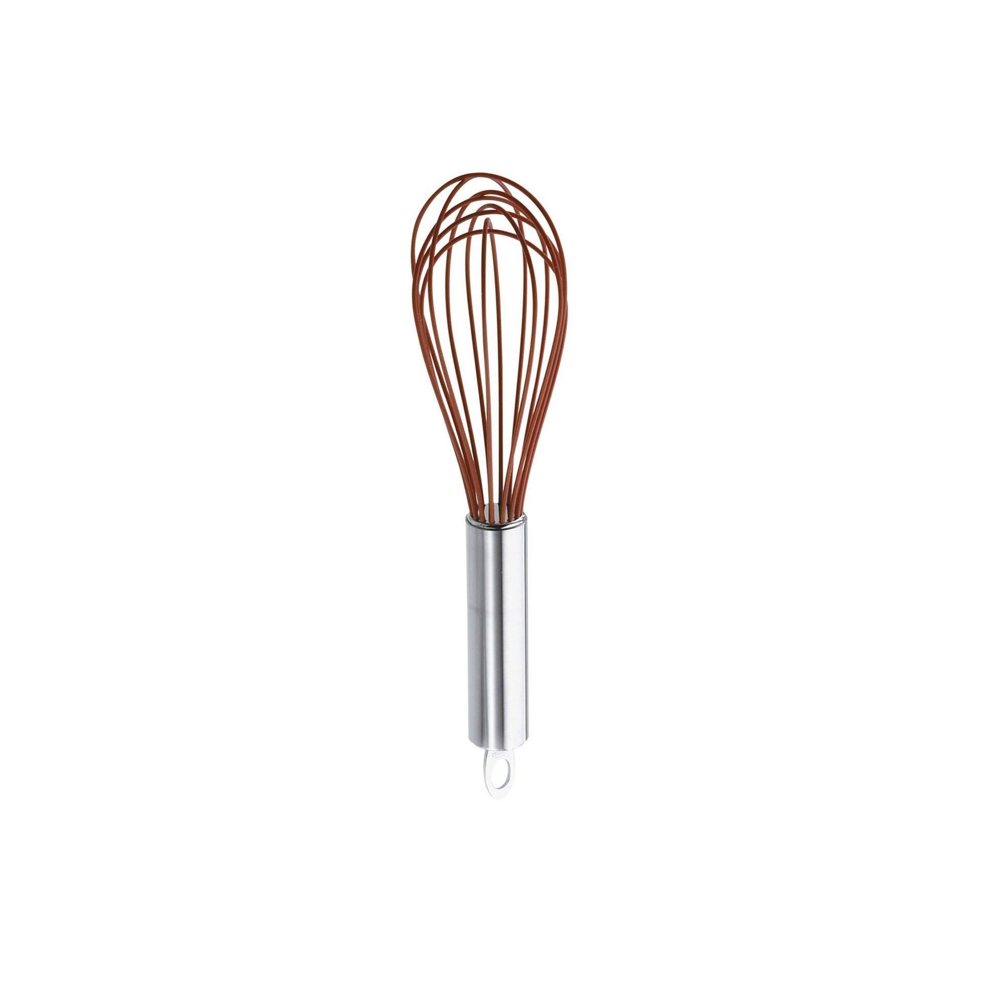 Silicone balloon whisk with brown wire loops, stainless handle, clear end cap