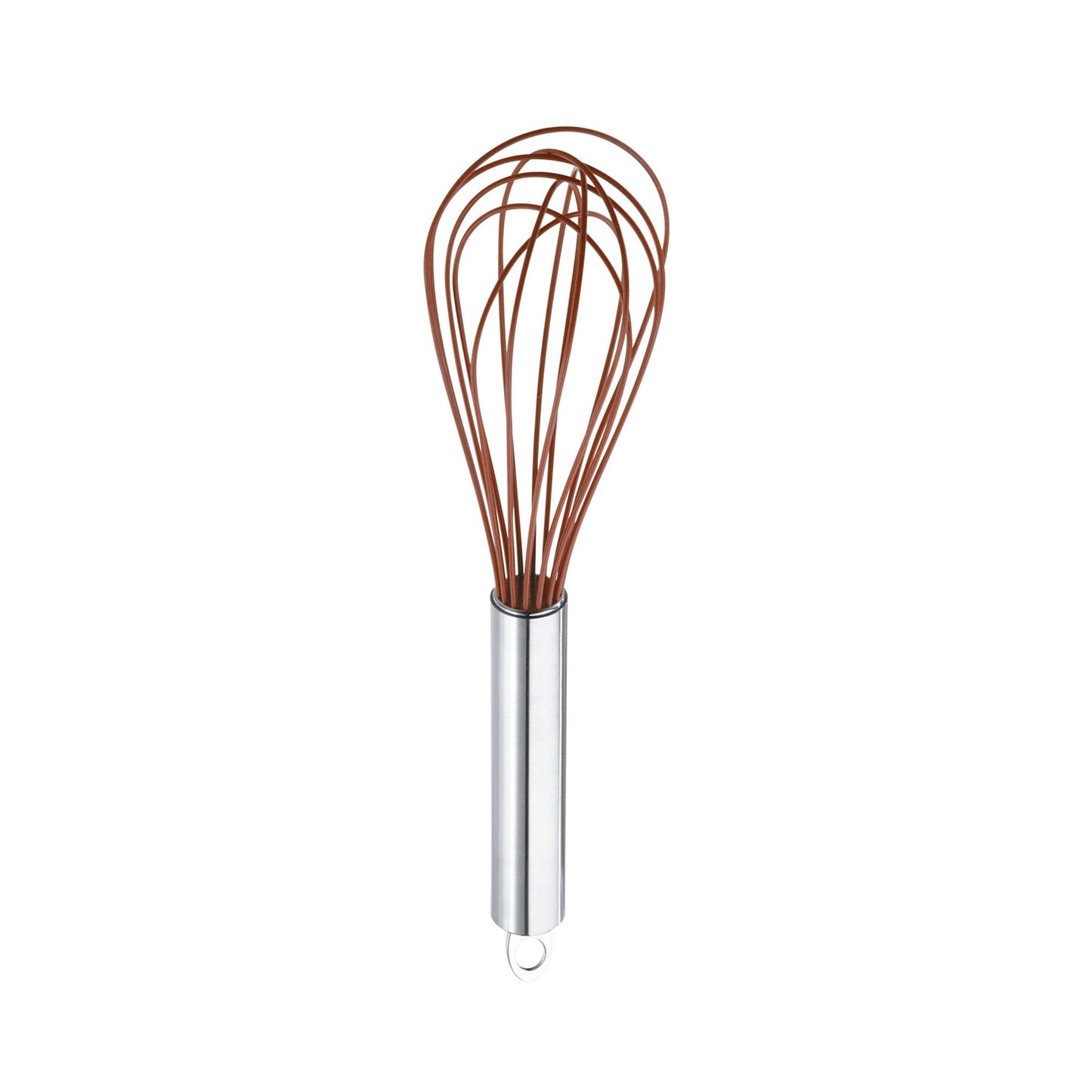 Balloon whisk with brown silicone loops and stainless handle, rounded end detail