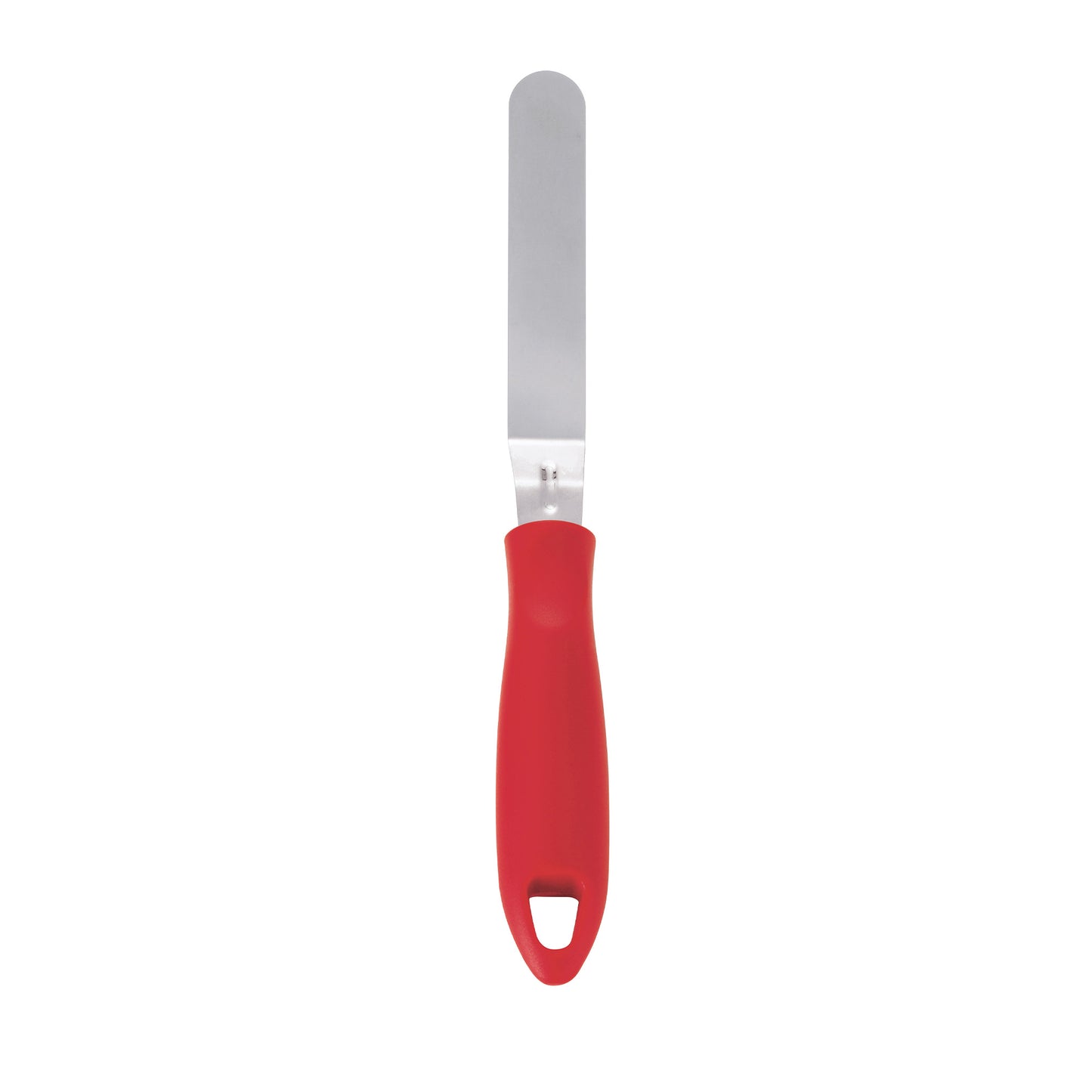 Icing spatula with red handle and silver metal blade