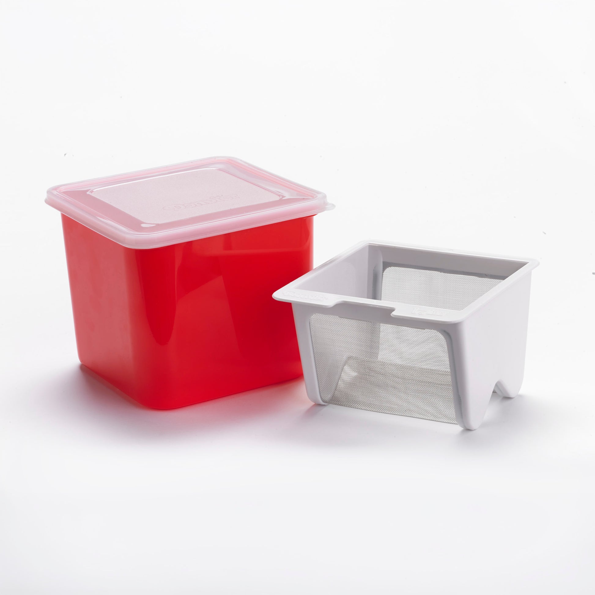 Red yogurt cheese maker tub with gray draining insert