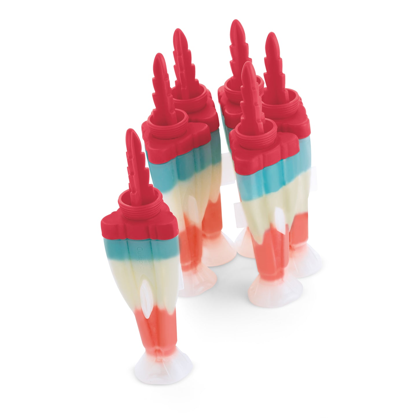 Rocket-shaped popsicle forms with red tops, white and turquoise layers, red fins