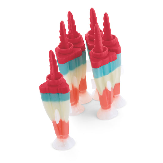 Rocket-shaped popsicle forms with red tops, white and turquoise layers, red fins