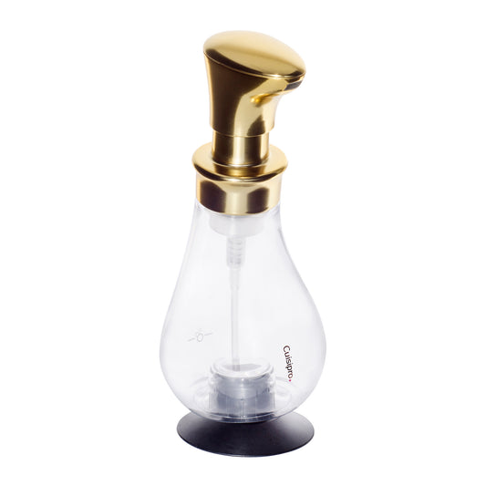 Gold foam pump dispenser with clear bottle, gold pump head, and black base