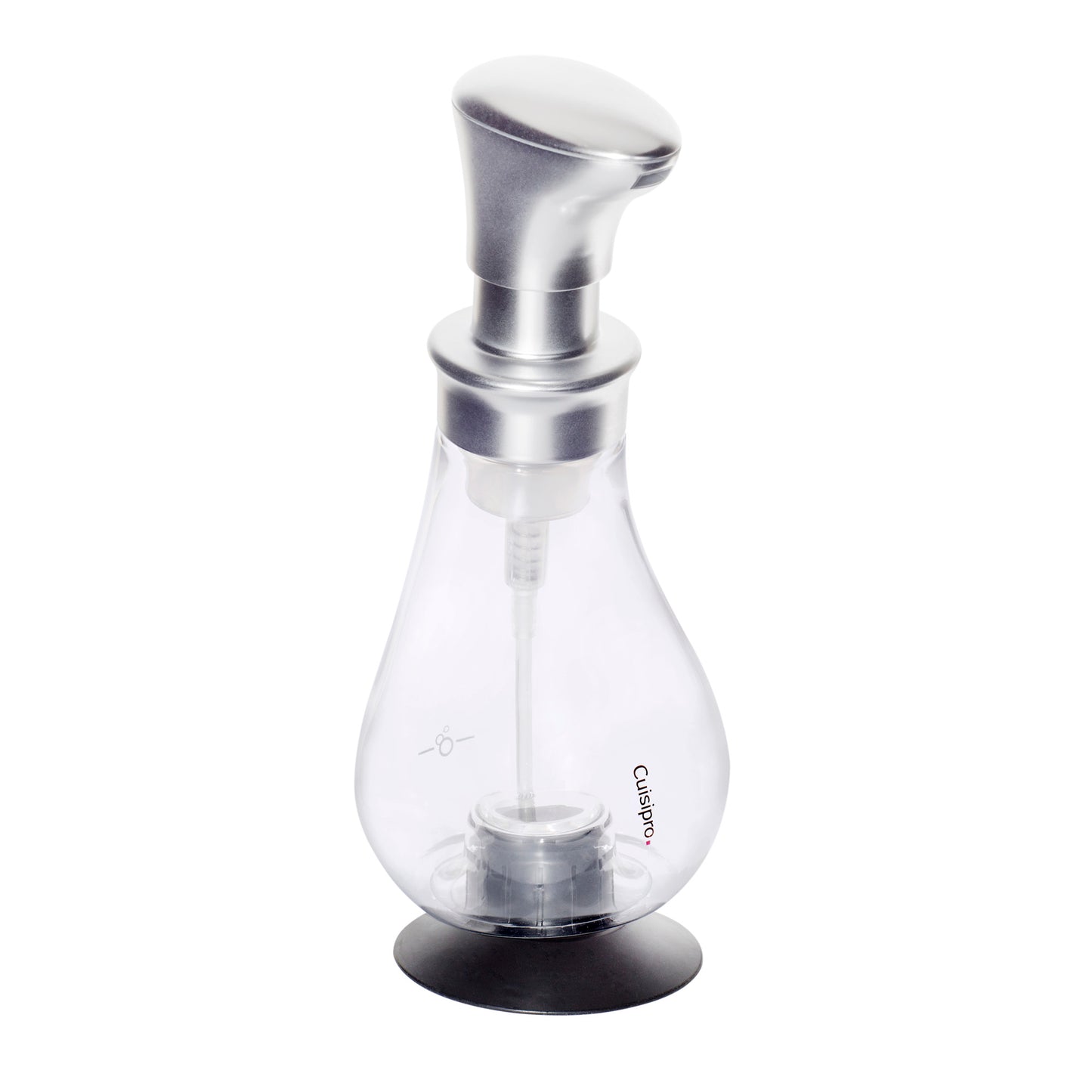 Silver foam pump dispenser with clear bottle, metal top, and black base