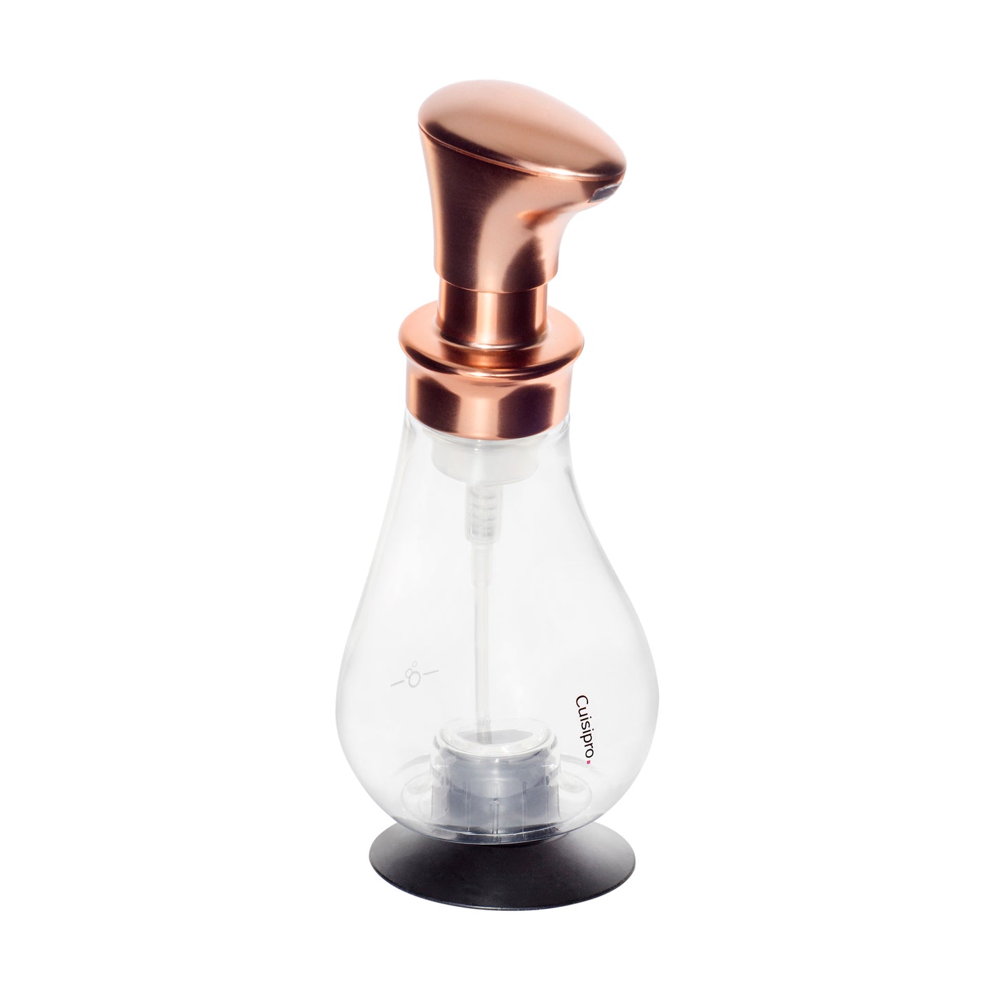 Copper foam pump dispenser with clear bottle, rose-metal top, and black base