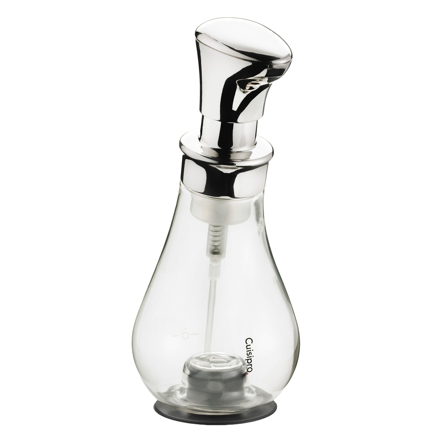 Chrome foam pump dispenser with clear bottle, shiny metal top, and black base