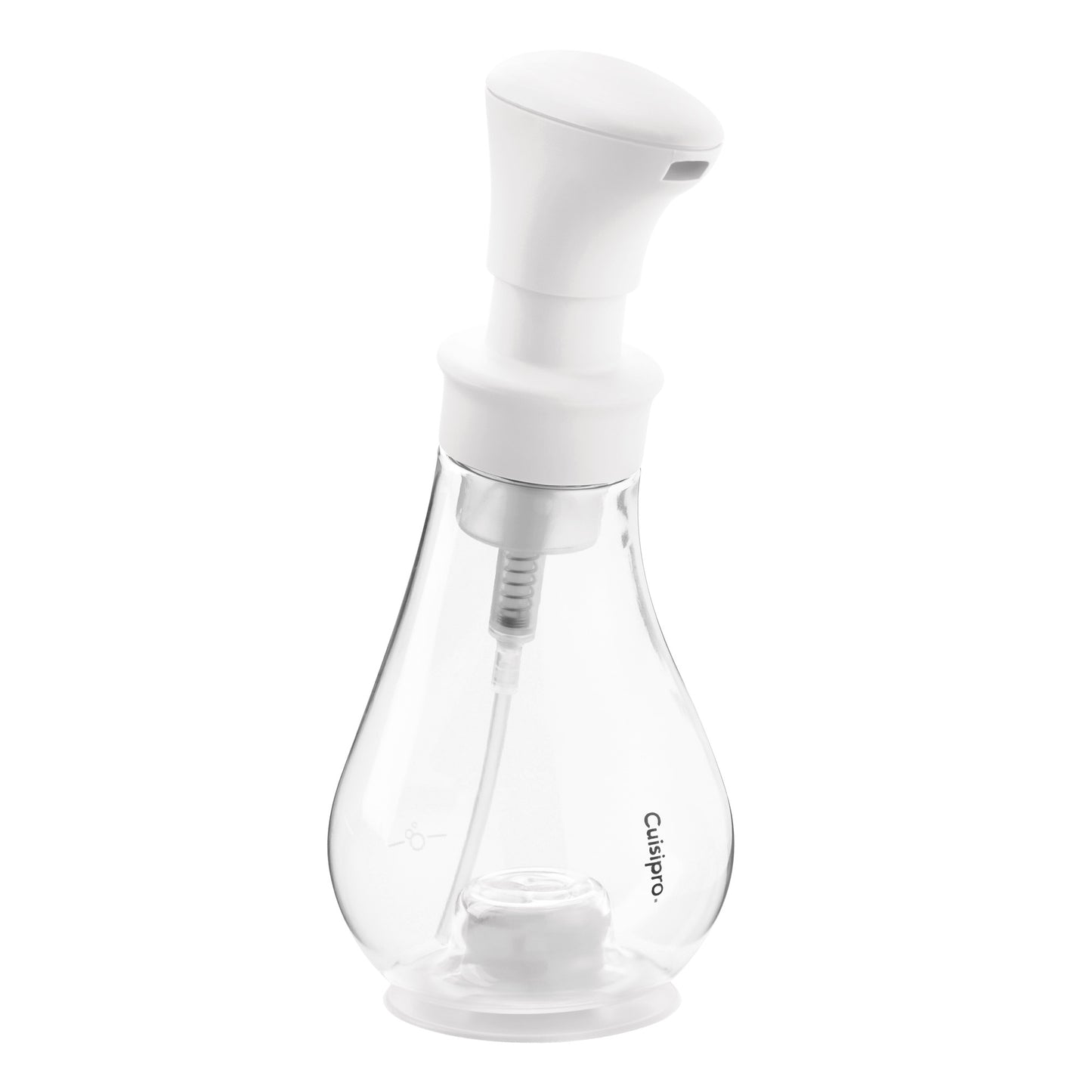 White foam pump dispenser with clear bottle, white pump head, and black base