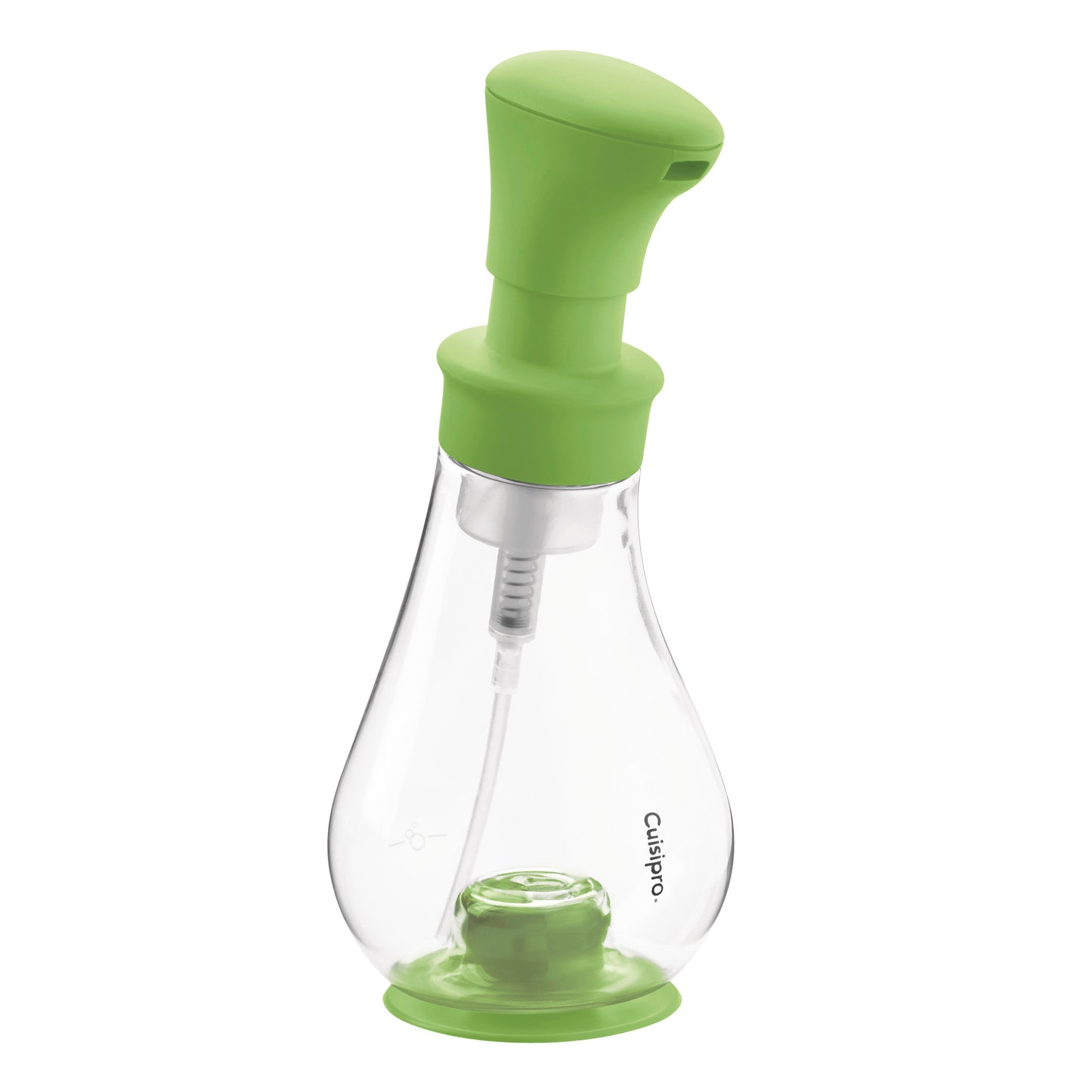 Green foam pump dispenser with clear bottle, green pump head, and black base