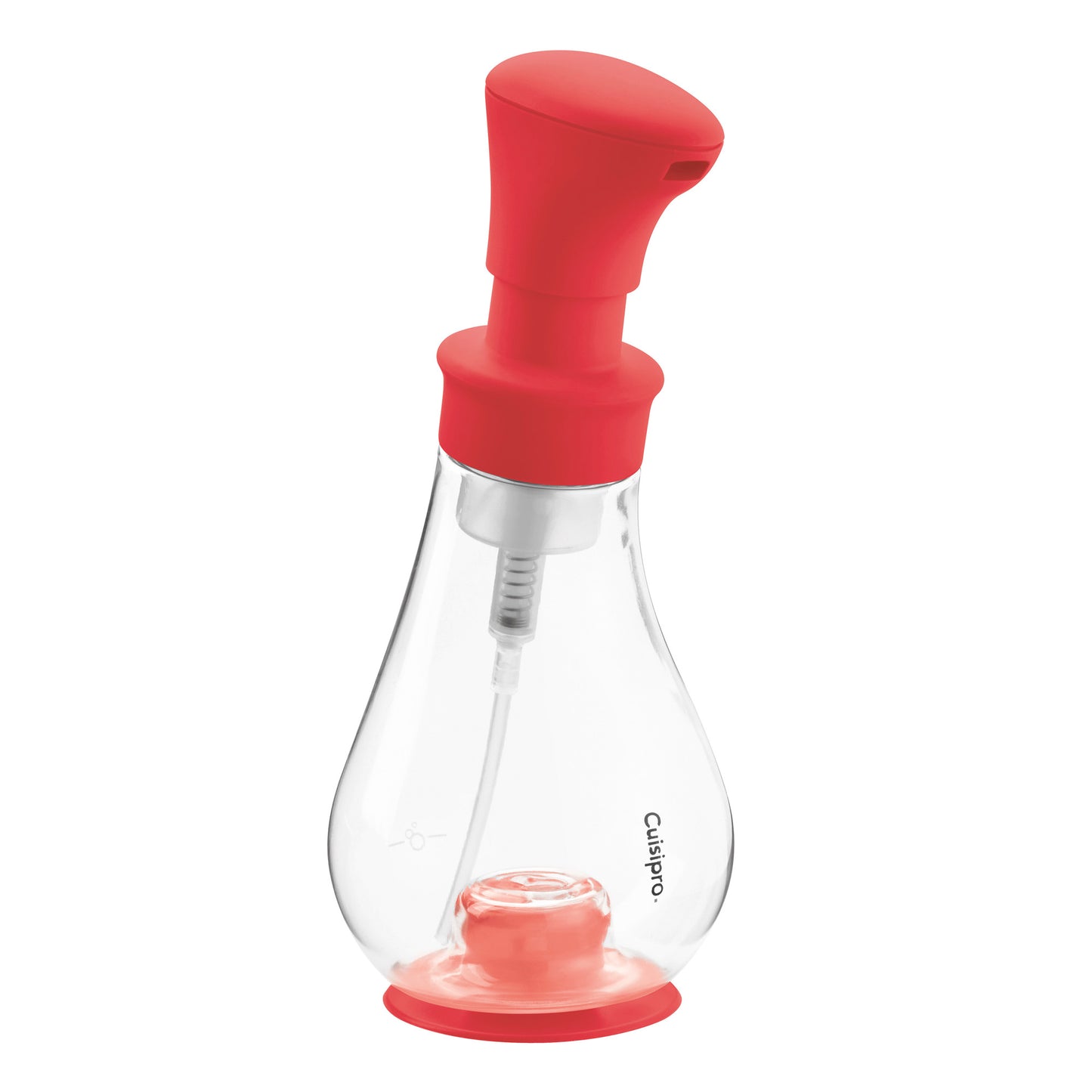 Red foam pump dispenser with clear bottle, red pump head, and black base