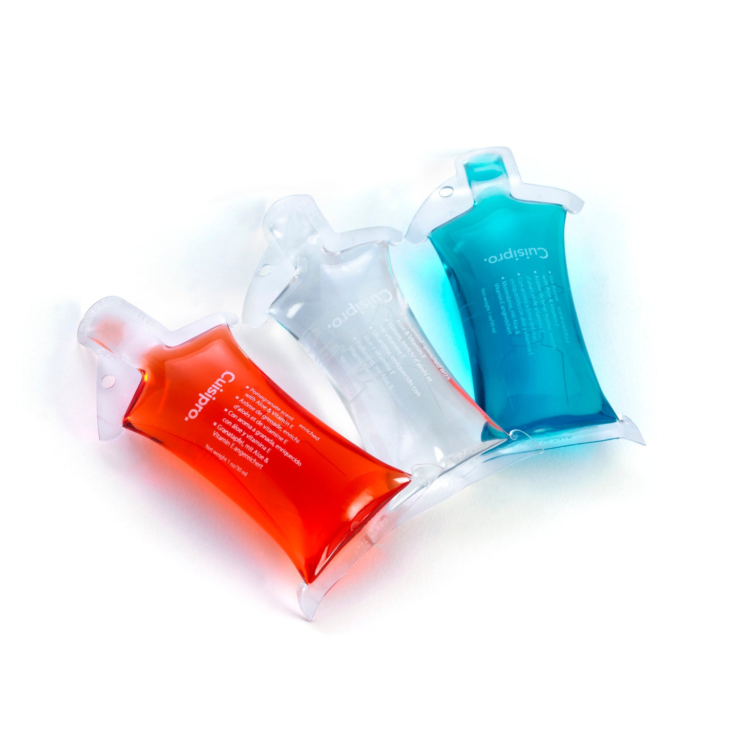 Soap concentrate refill pouches in blue and orange with clear nozzle spouts
