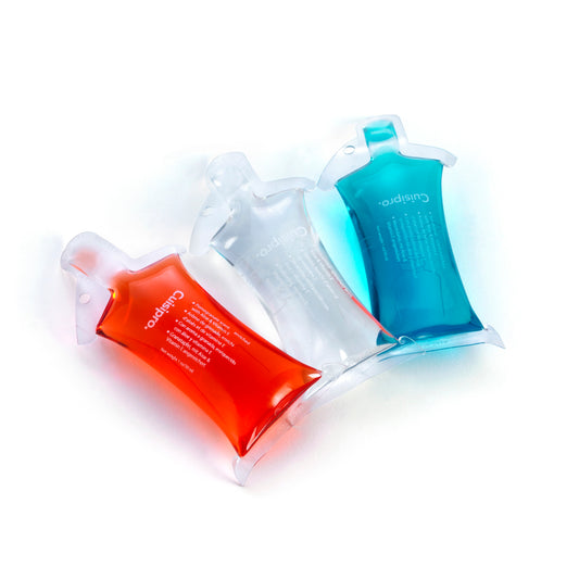 Soap concentrate refill pouches in blue and orange with clear nozzle spouts