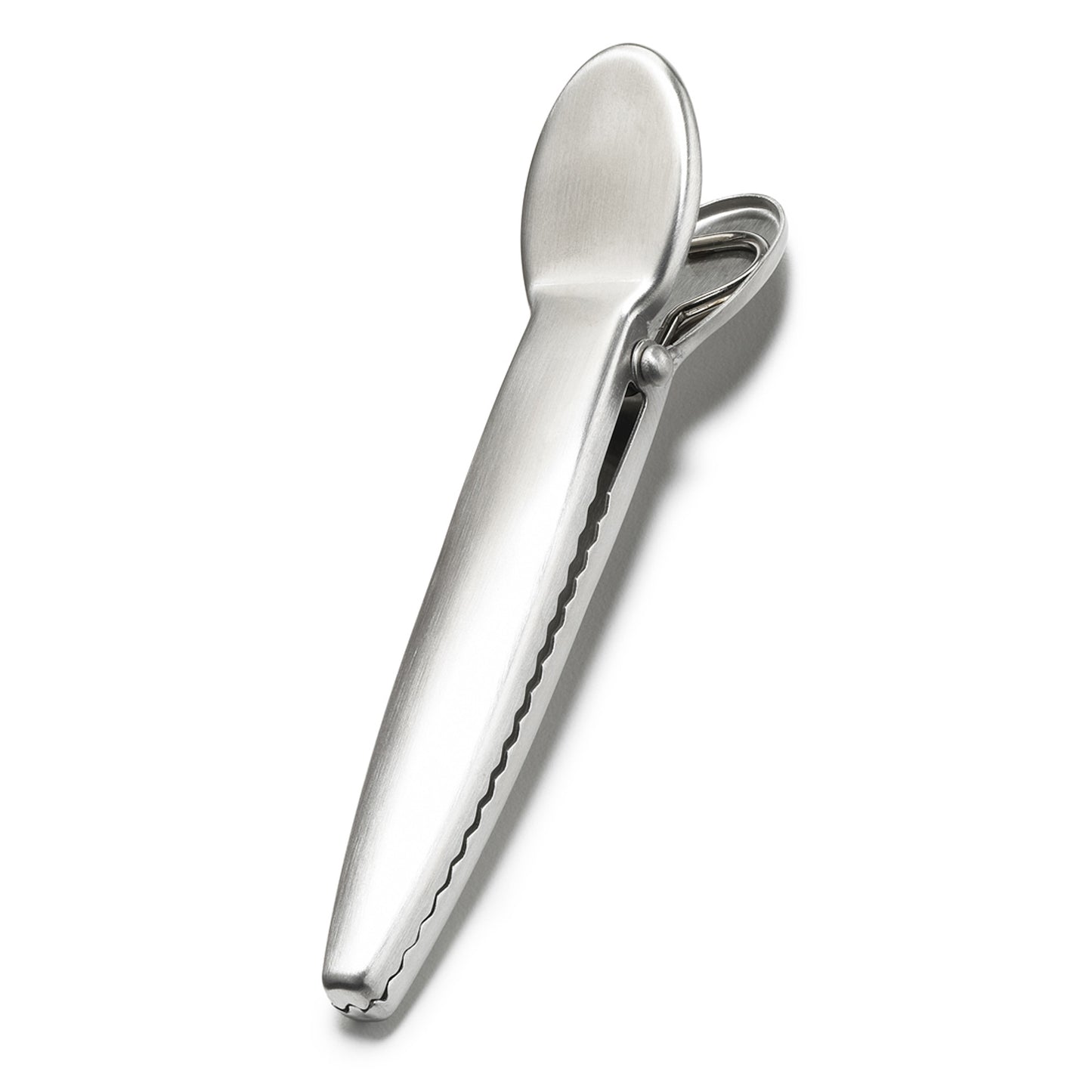 Silver stainless bag clip with ridged grip handle and loop for storage