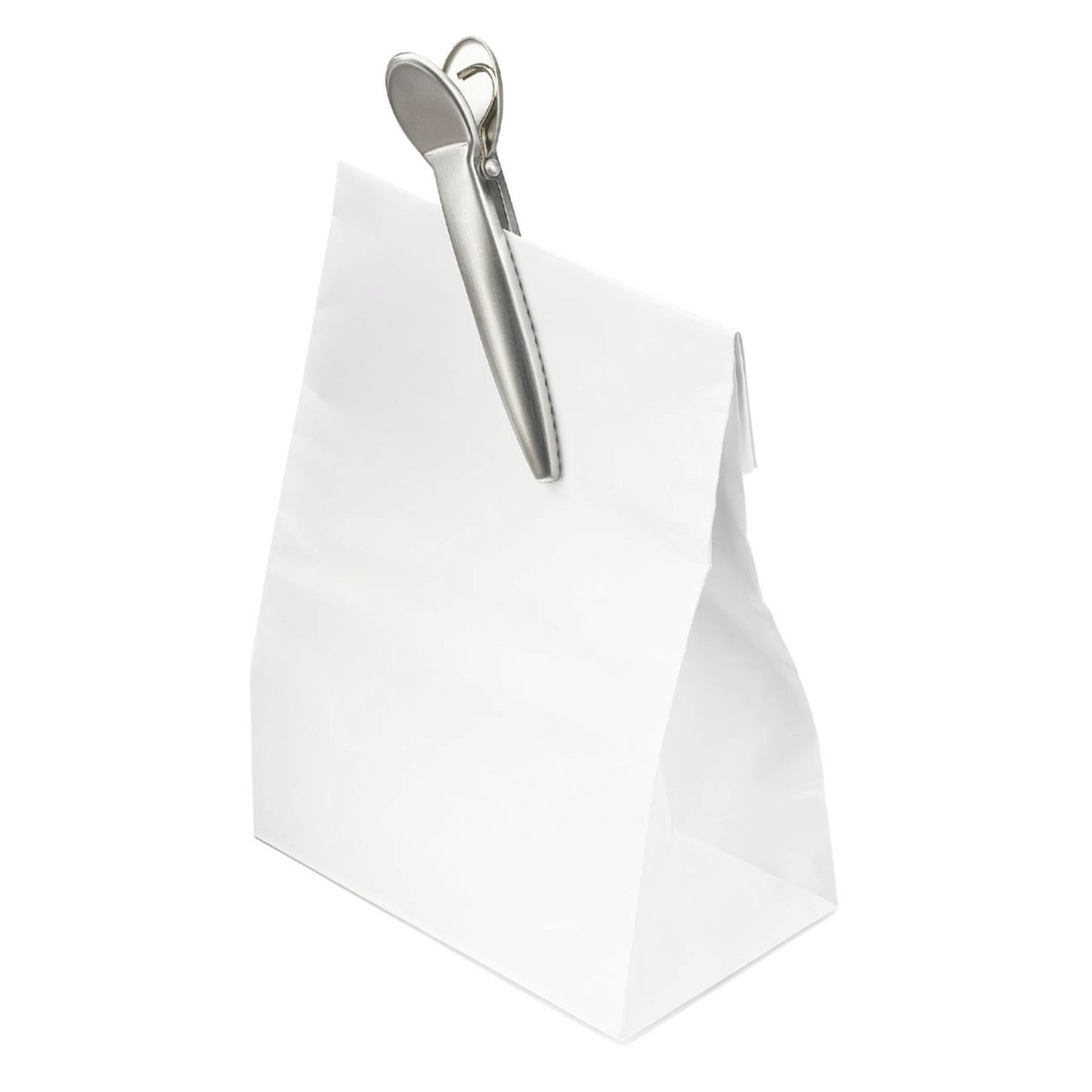Silver stainless bag clip with curved jaw for sealing bags