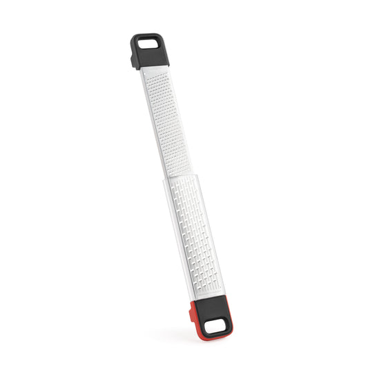 Grater with long stainless shredding surface and black end loops