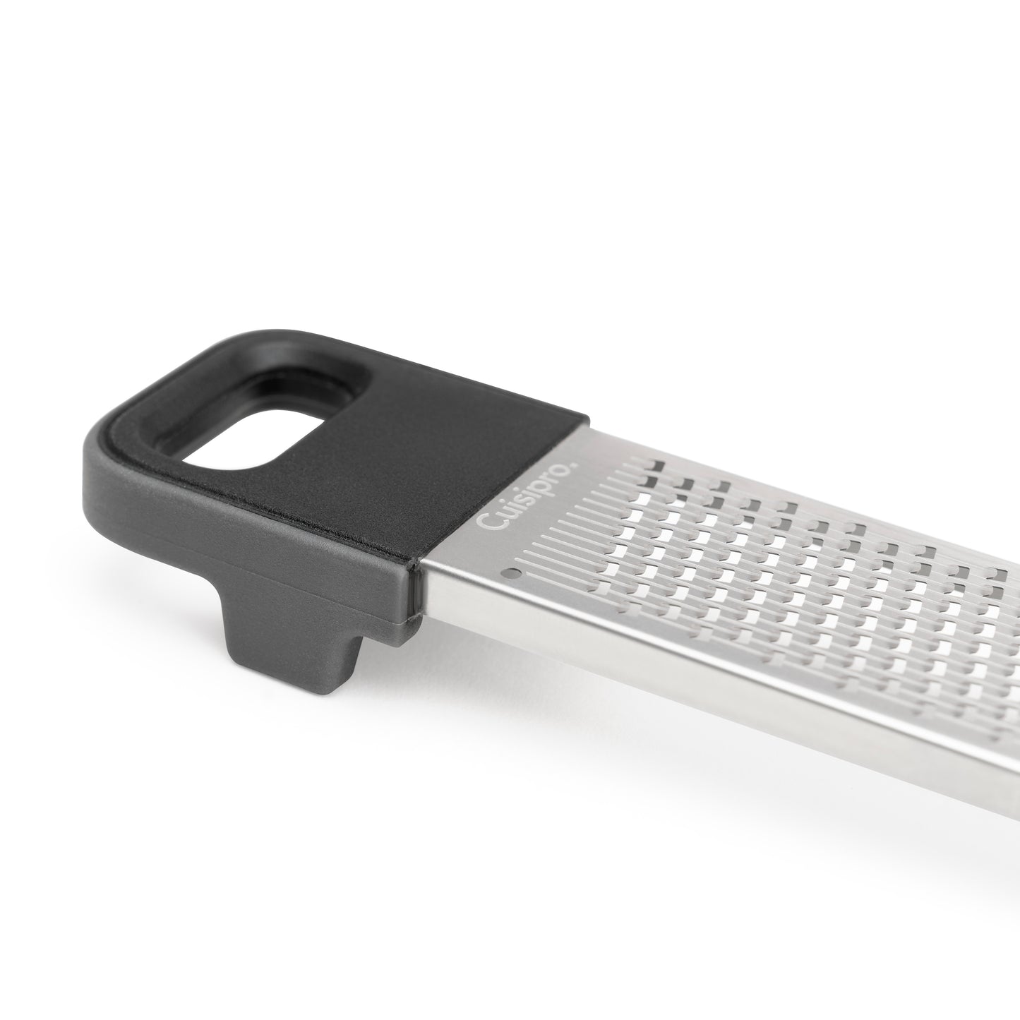 Stainless dual grater plate with black handle and hanging loop