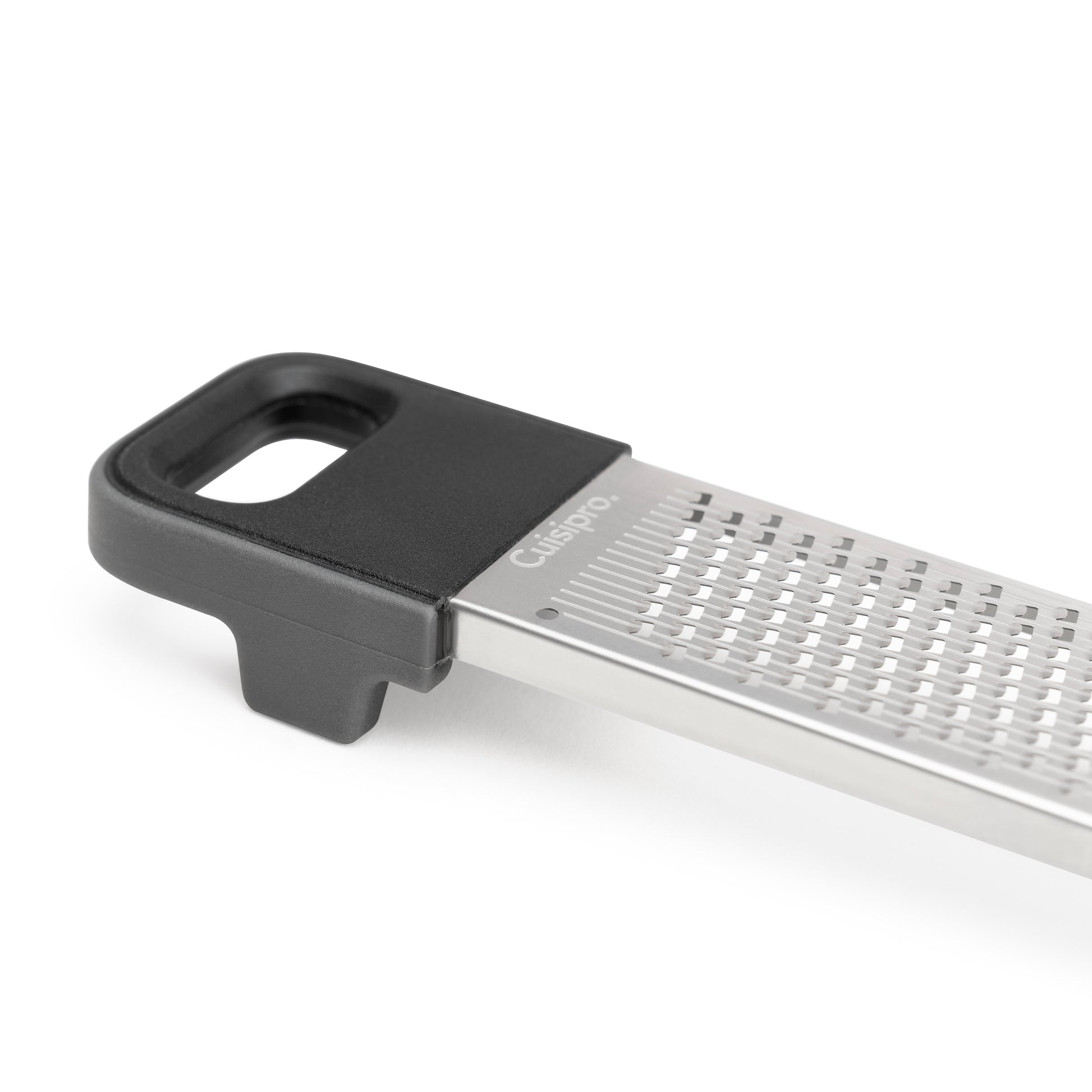 Stainless dual grater plate with black handle and hanging loop