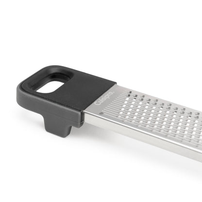 Stainless dual grater plate with black handle and hanging loop