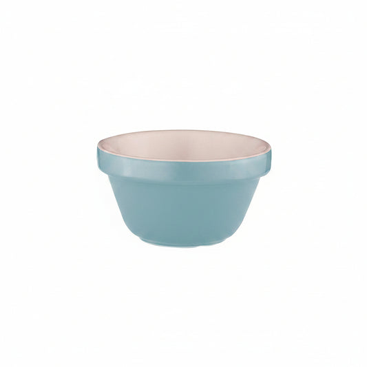 Light blue ceramic bowl with beige interior on a white background