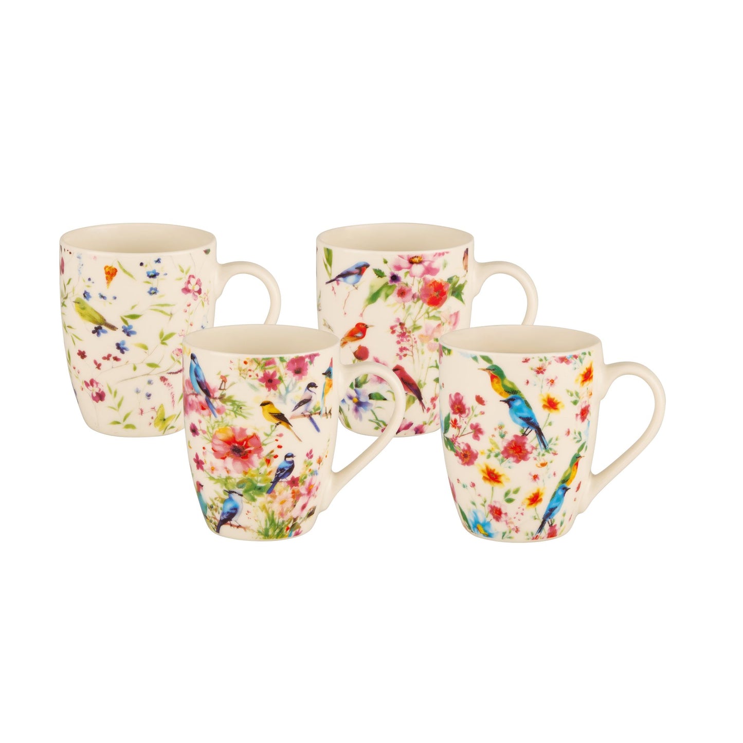 Floral mug set of four ceramic cups with multicolor botanical prints and handles