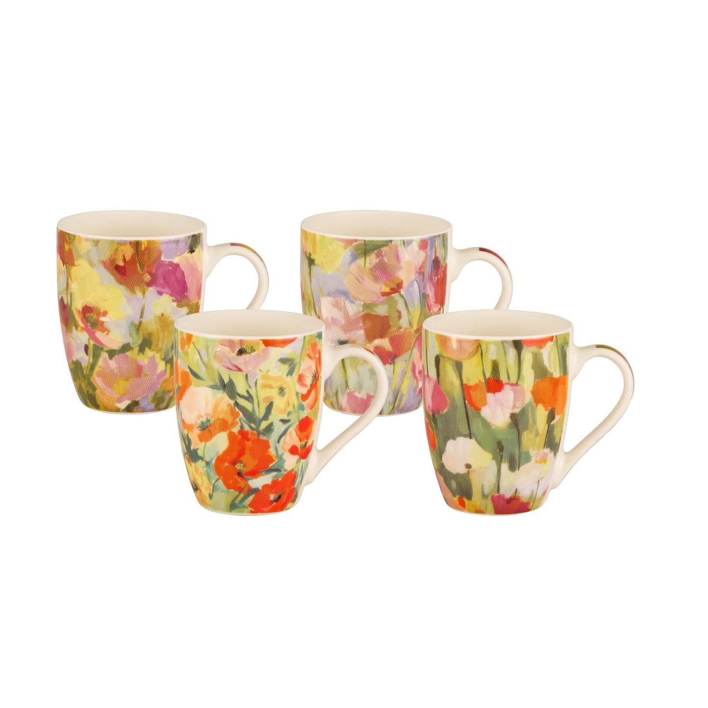Watercolor floral mug set of four ceramic cups with warm flower prints and handles