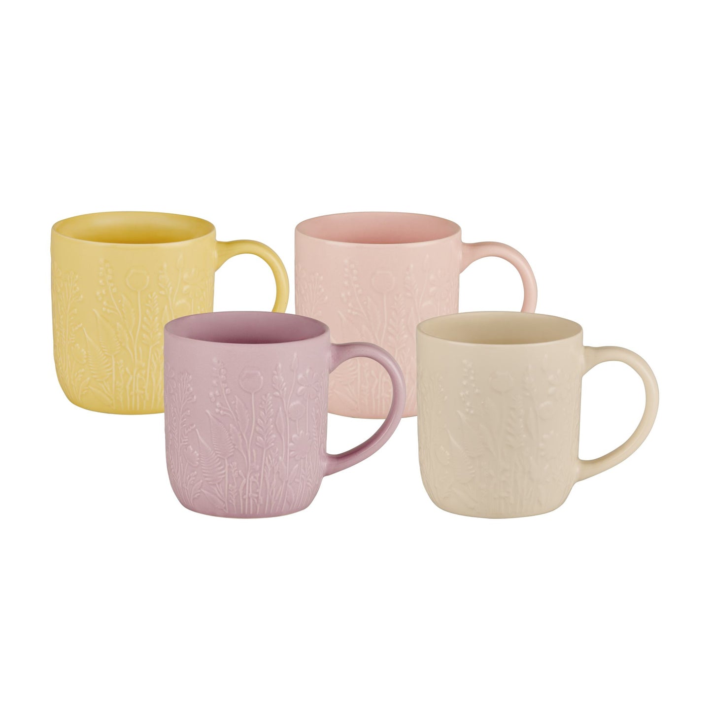 Barrel mug set of 4 with embossed floral texture in yellow, blush pink, lavender, cream
