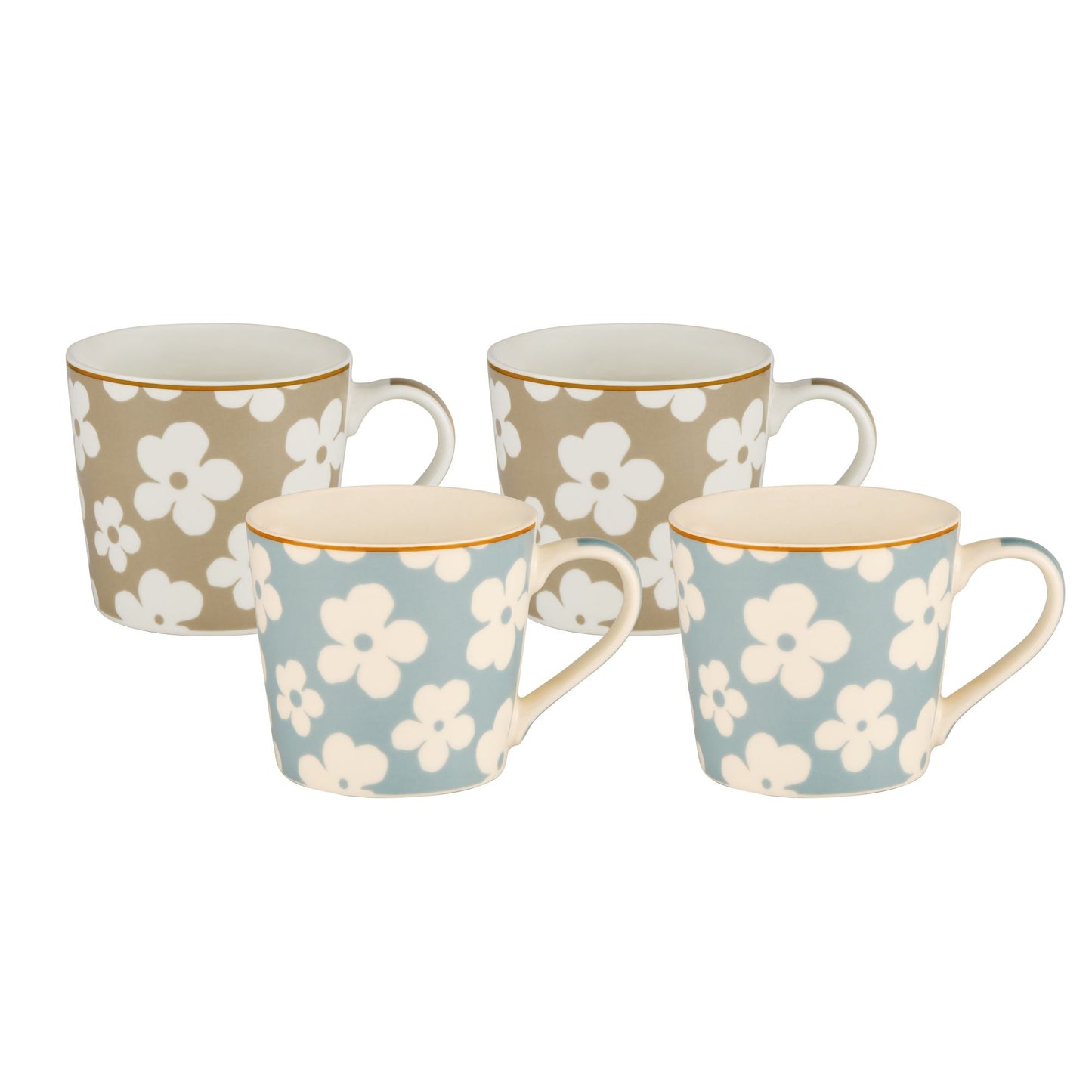 Set of four tapered mugs with beige floral pattern and blue flowers, gold rims