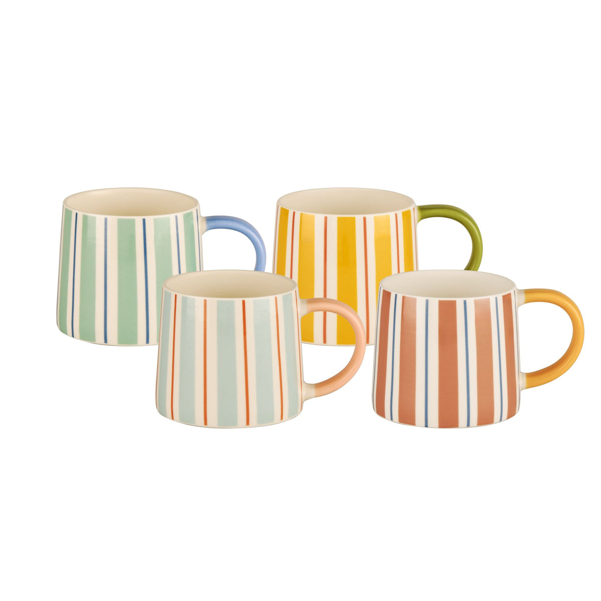 Set of four ceramic mugs with vertical pastel stripes and curved handles