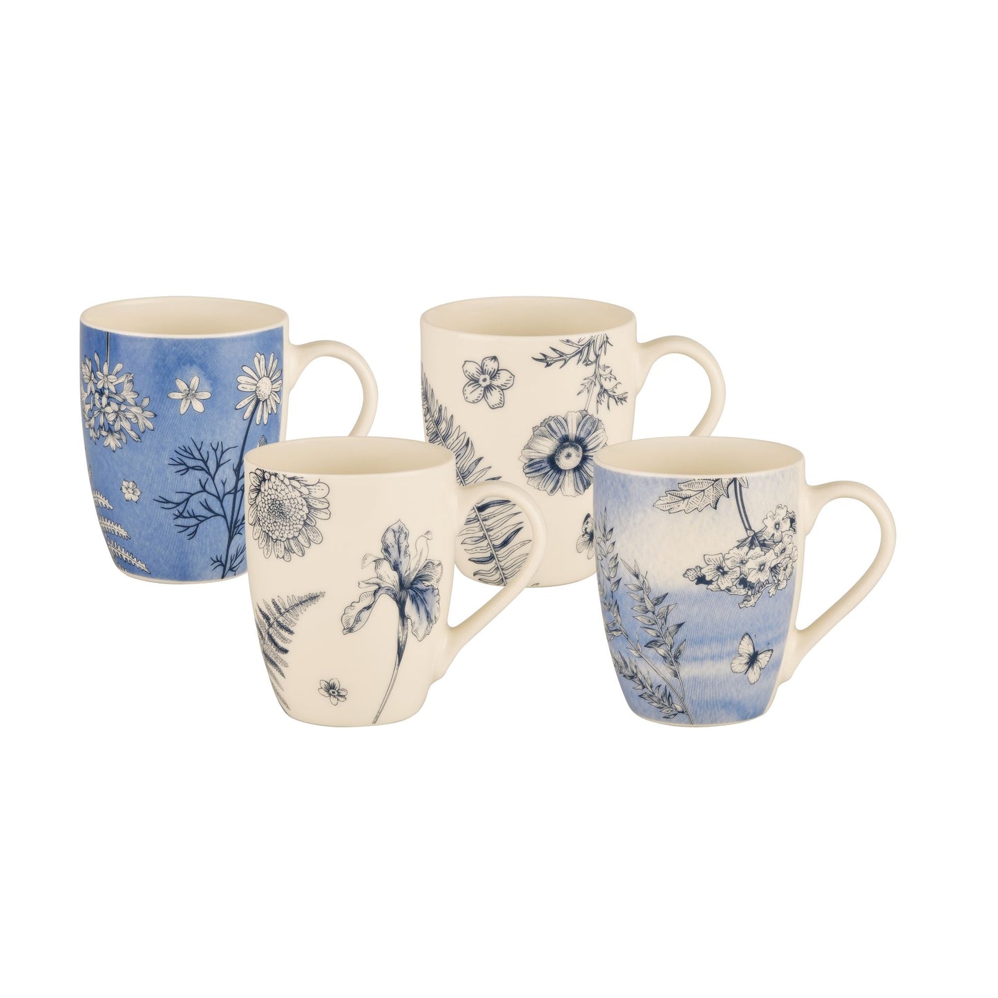 Blue botanical mug set of four ceramic cups with floral prints and curved handles