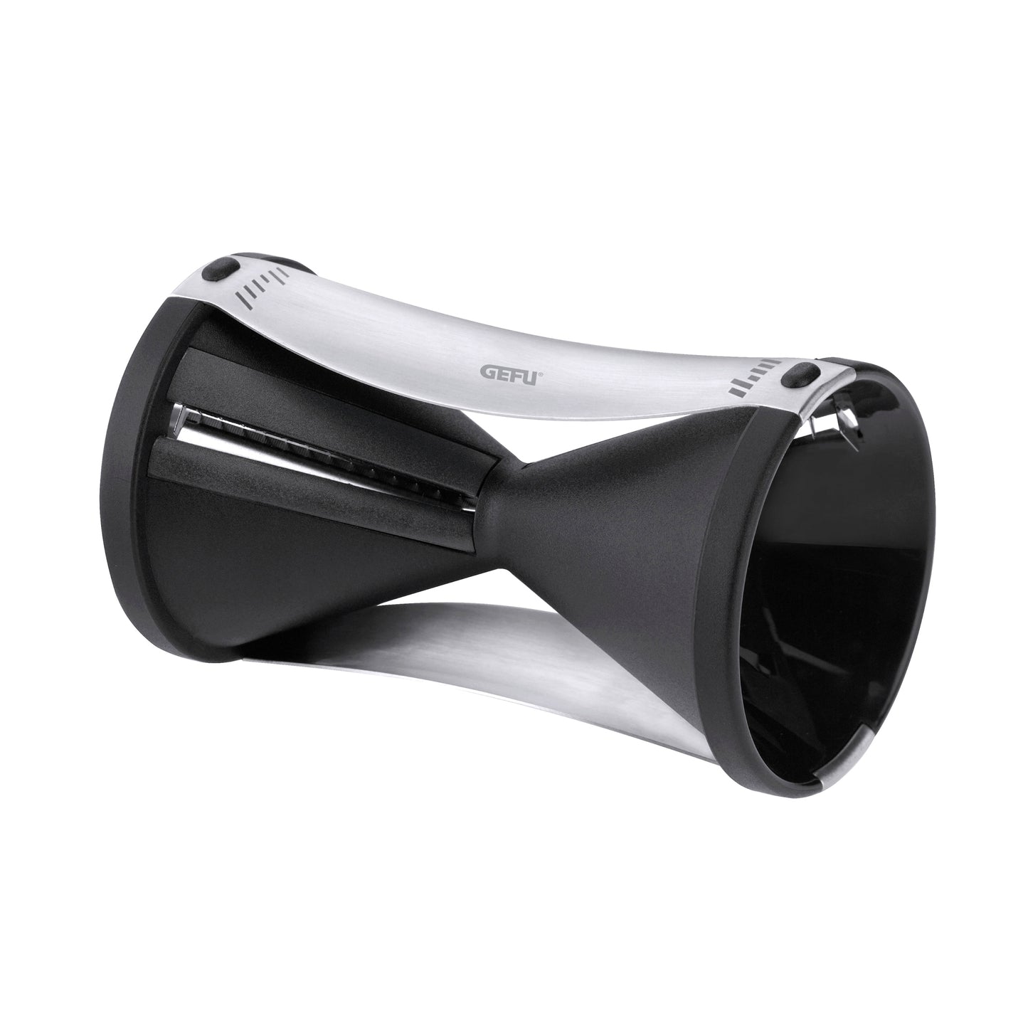 Spiral vegetable slicer with black and silver housing, front cutting roller visible