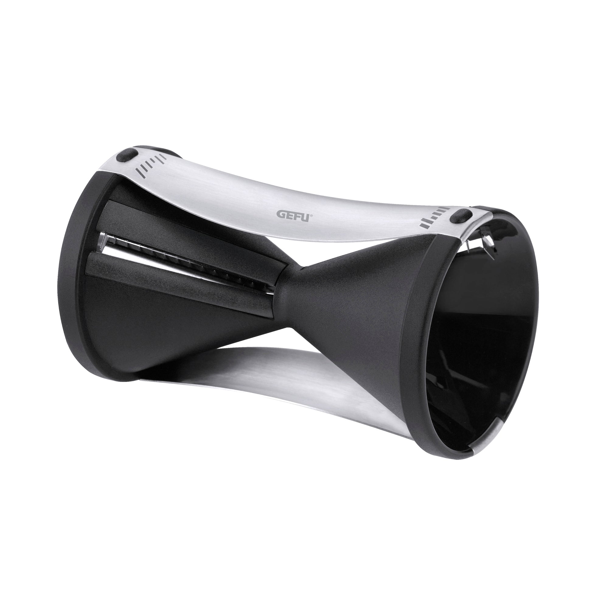 Spiral vegetable slicer with black and silver housing, front cutting roller visible