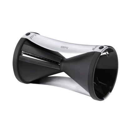 Spiral vegetable slicer with black and silver housing, front cutting roller visible