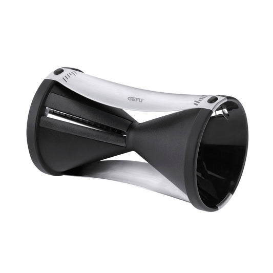 Spiral vegetable slicer with black and silver housing, front cutting roller visible