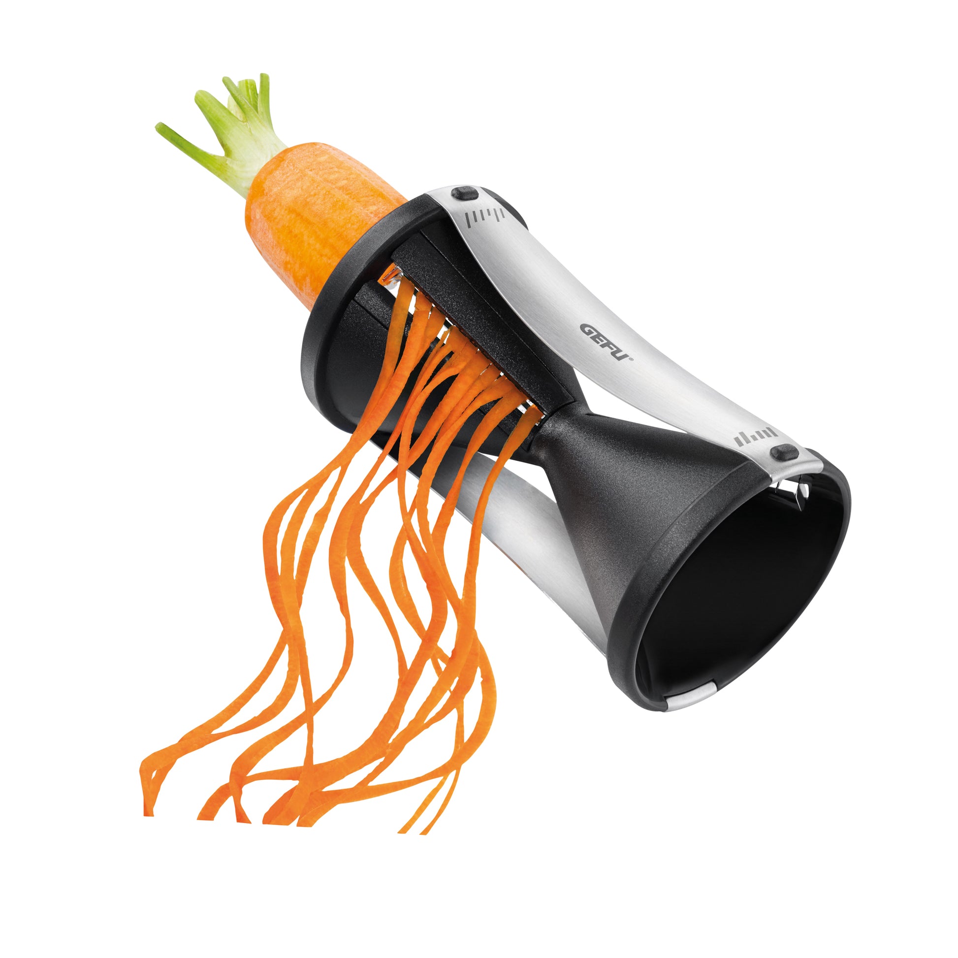 Spiral vegetable slicer with black and silver body; orange carrot spirals coming out