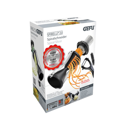 SPIRELLI 2.0 spiral slicer box showing slicer, orange ribbons, and GEFU branding