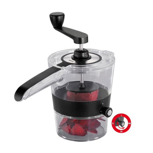 Spiral slicer with clear container, black handle, and cutting disc base