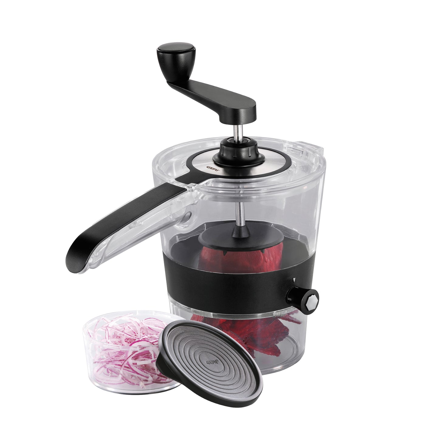 Spiral slicer with clear container, black lever handle, and front slicing lid