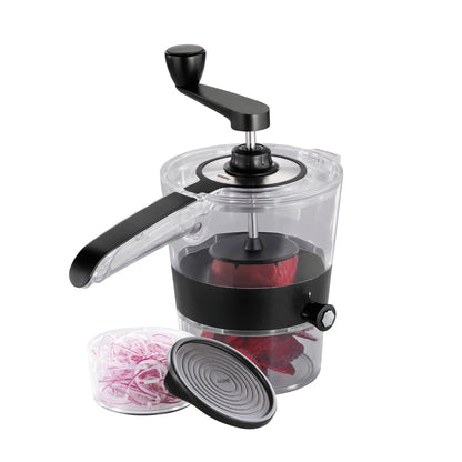Spiral slicer with clear container, black lever handle, and front slicing lid
