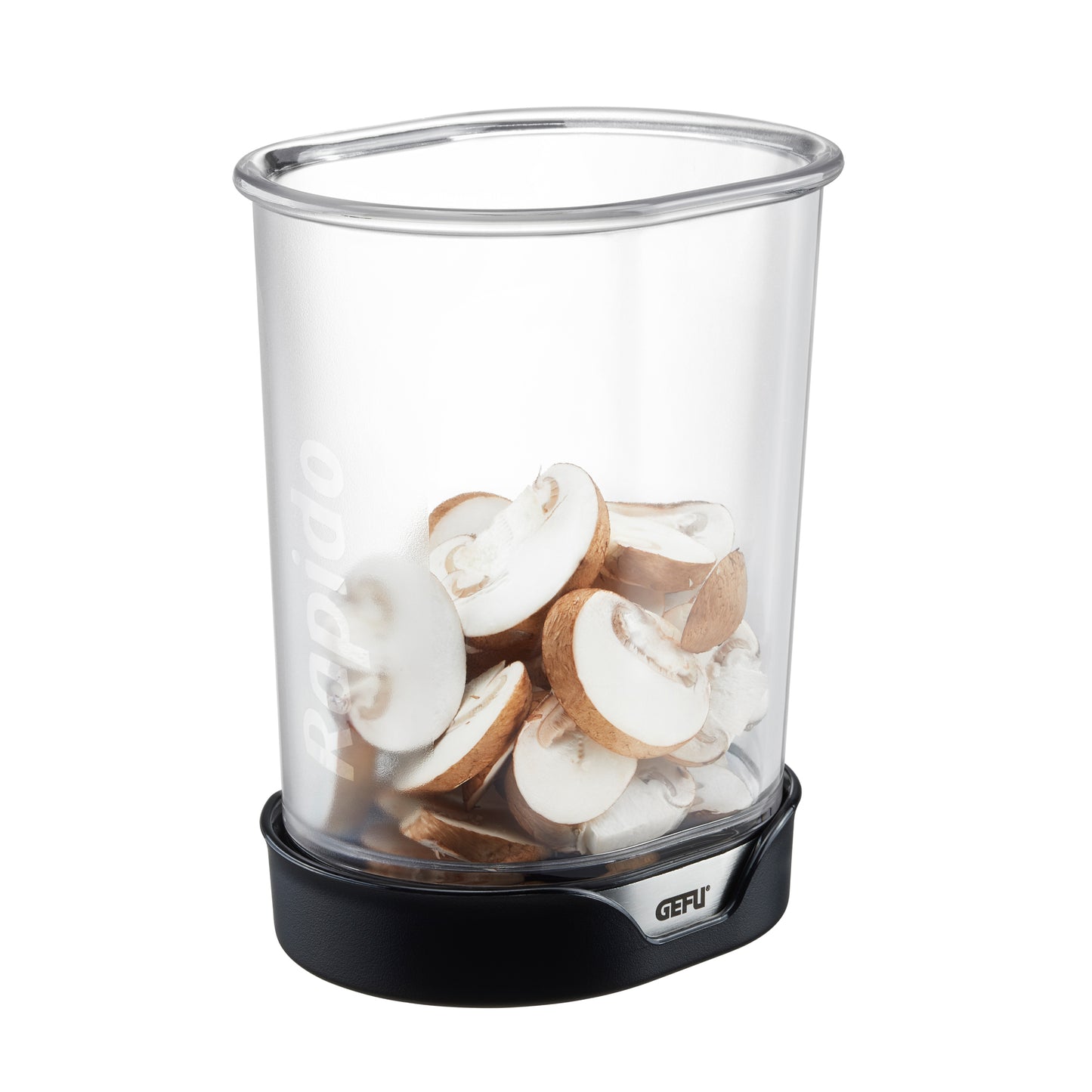 Food slicer with clear cylinder and black base, filled with sliced mushrooms