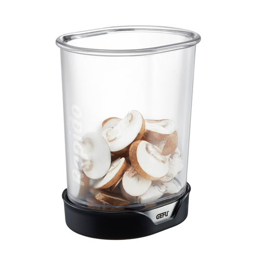 Food slicer with clear cylinder and black base, filled with sliced mushrooms