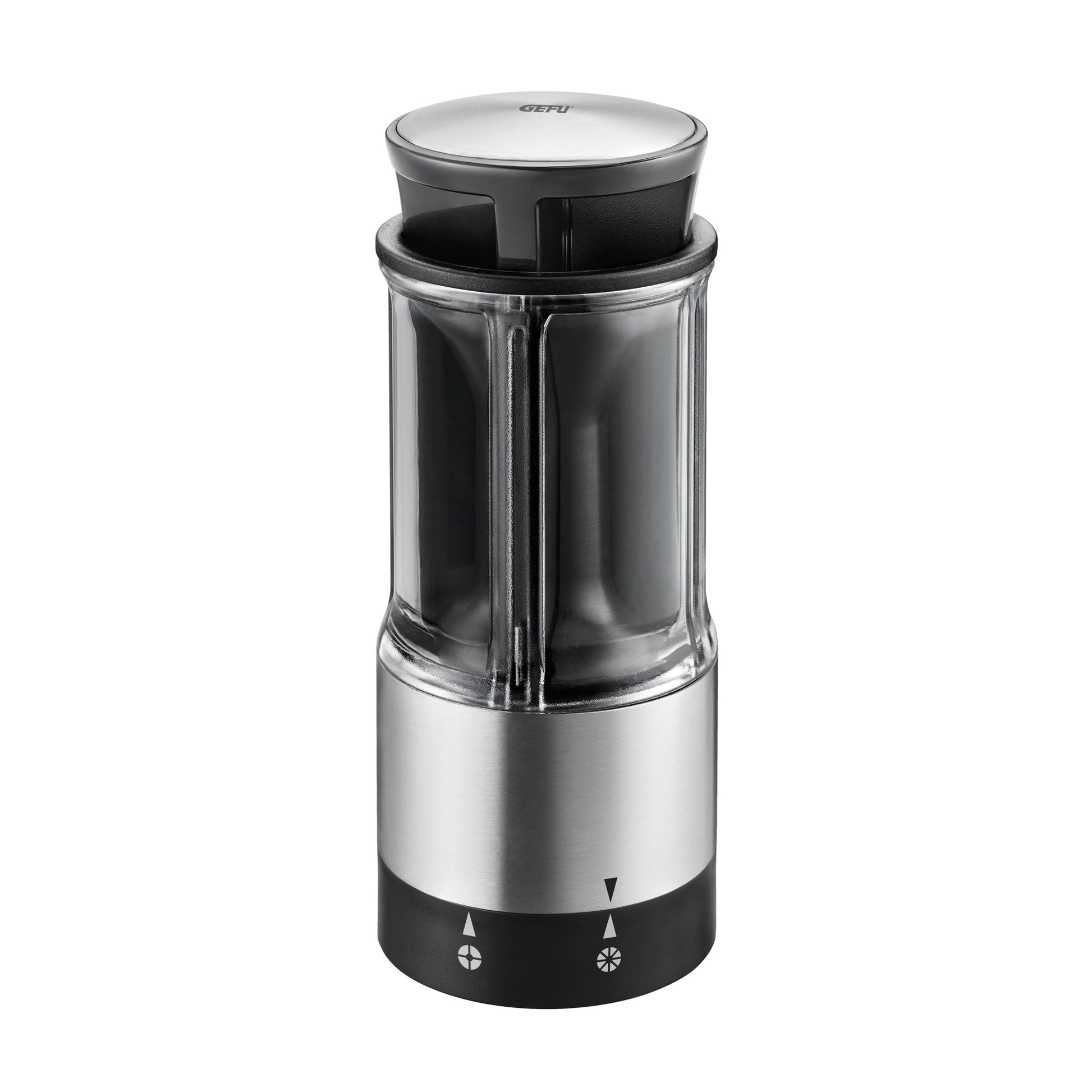 FLEXICUT vegetable and fruit splitter with clear container, stainless body, black top lid
