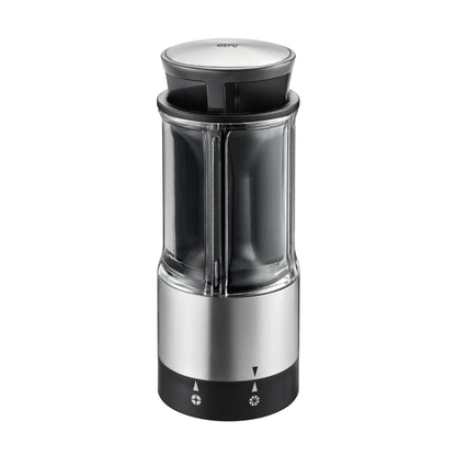 FLEXICUT vegetable and fruit splitter with clear container, stainless body, black top lid
