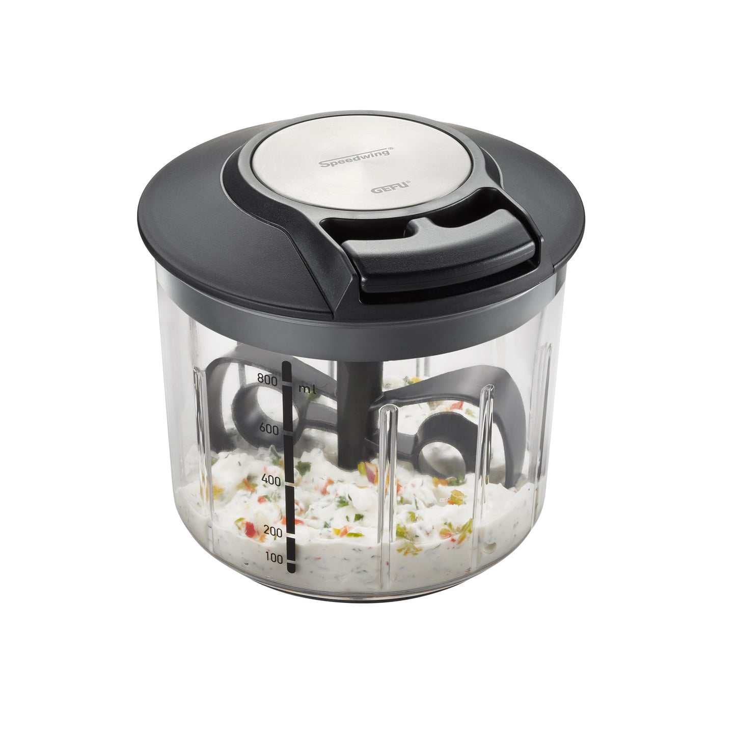 Multi-chopper with black top, clear bowl, and measurement marks