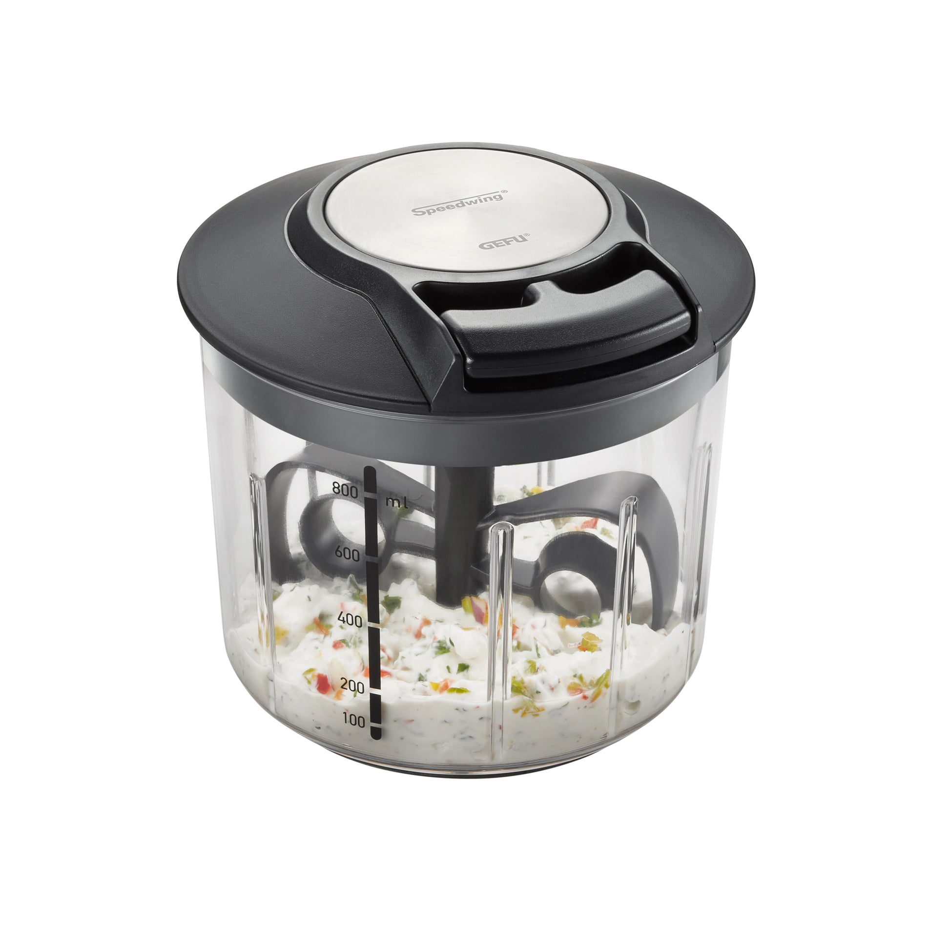 Multi-chopper with black top, clear bowl, and measurement marks