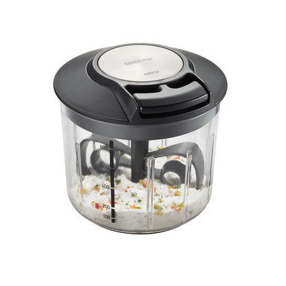 Multi-chopper with black top, clear bowl, and measurement marks