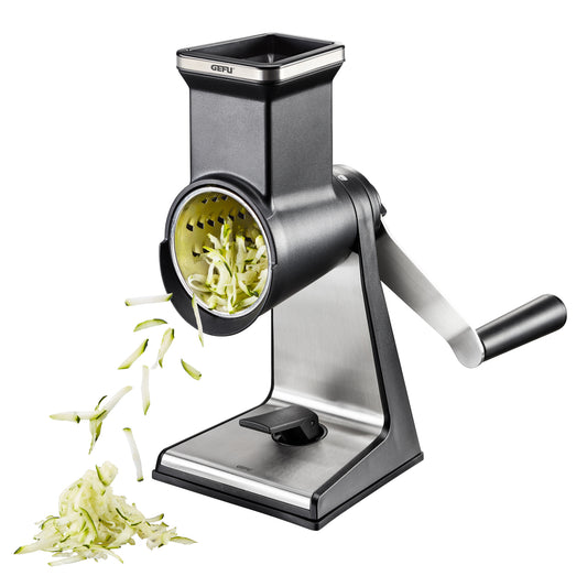 TRANSFORMA rotary grater with stainless body, feeding chute, and crank handle on base