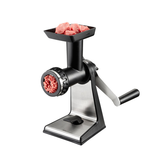 Electric meat mincer with black hopper and auger, stainless base, side handle